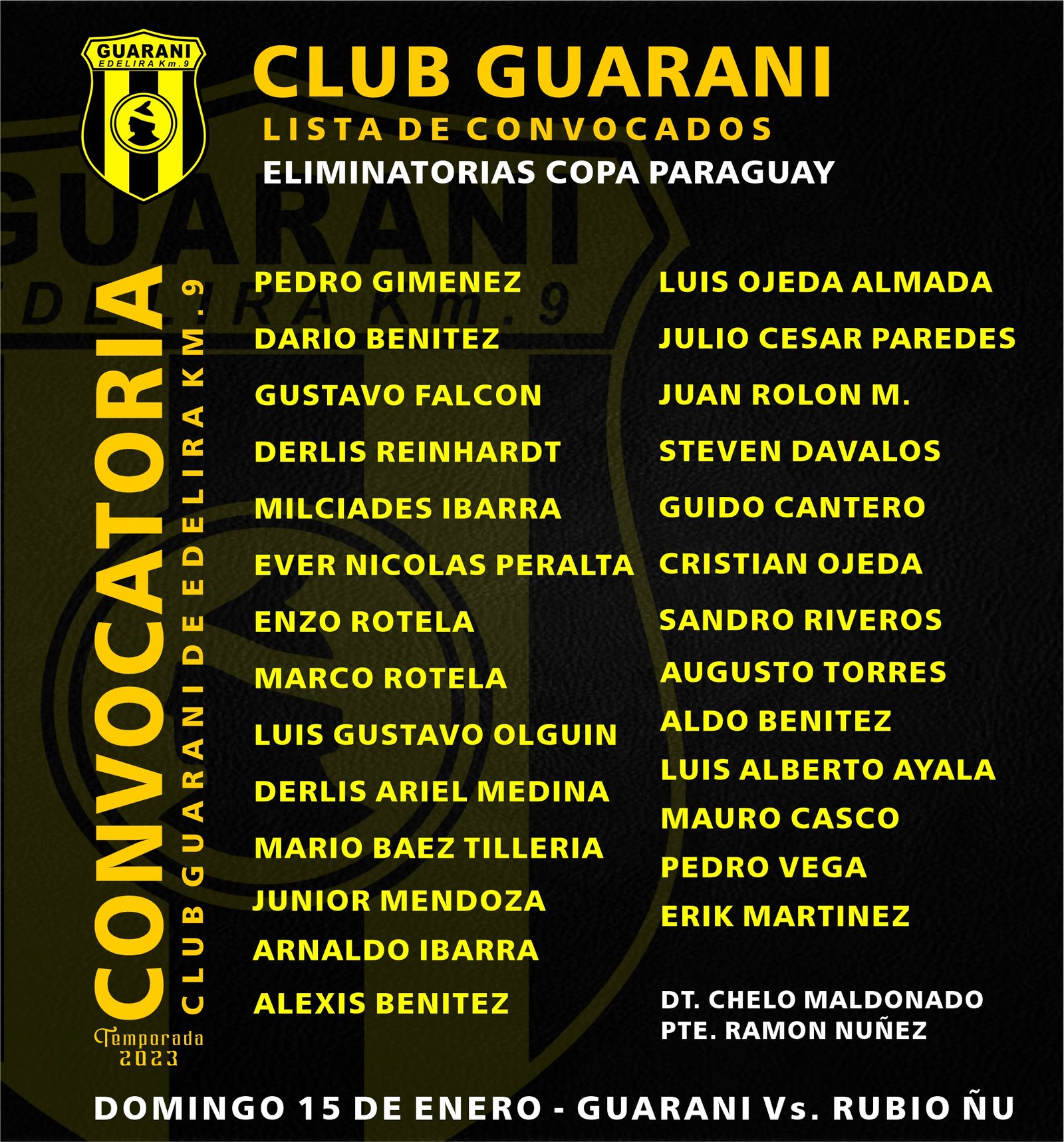 CONVOCADOS DEL CLUB GUARANI PARA SU DEBUT EN LA COPA PARAGUAY - Portal  Capitan Meza